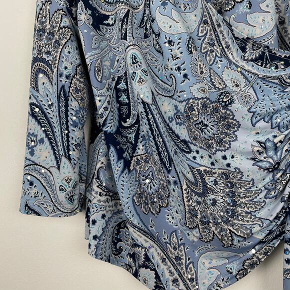 y2k Brittany Black Bedazzled Paisley Wrap Top Size L Blue Hippie Retro Stretchy - Picture 5 of 12